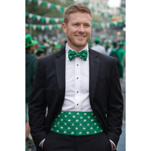 Saint Patty's Day Shamrocks Cummerbund and Tie Set, Festive Green Accessories for Celebrations
